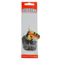 R composite rotating sequins and copper bell metal fishing lure in seven colour options on a blue background.