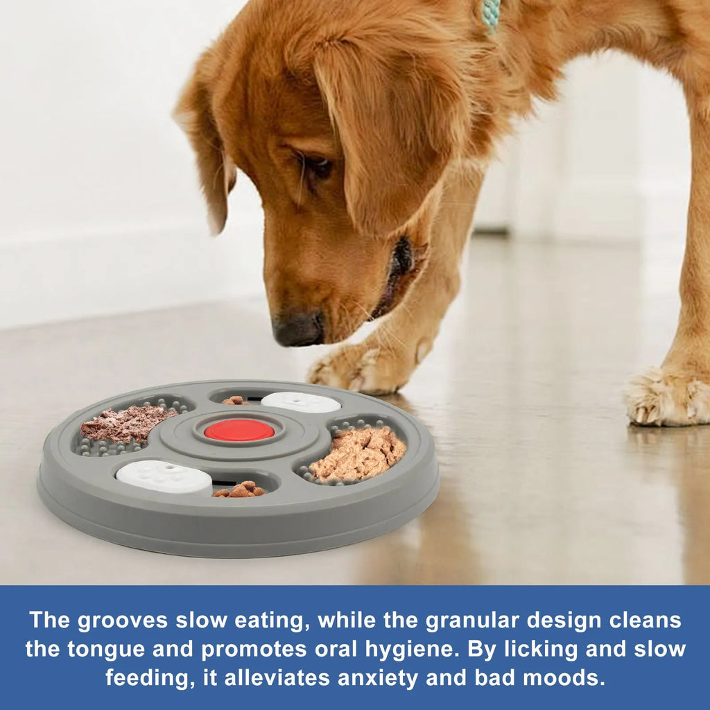 Blue and grey plastic dog slow feeder bowl with anti-slip base and food puzzle grooves