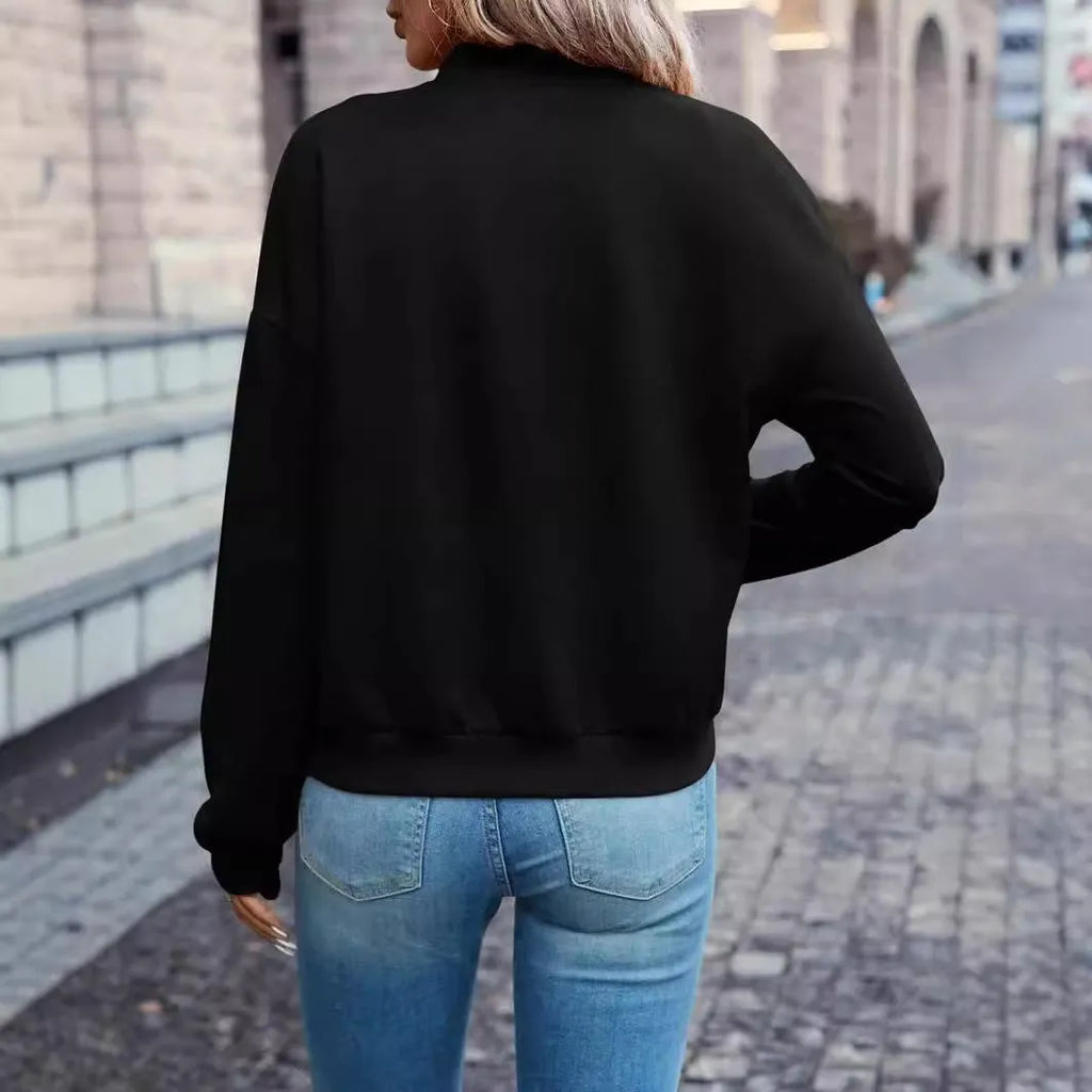 Women's solid black faux pocket zip jacket with long sleeves for casual autumn winter wear