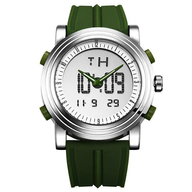 Men's black luminous electronic watch with analogue and digital display on a 47mm dial.