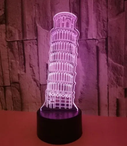 3D Leaning Tower of Pisa LED nightlight with colour-changing lights on a black square base.