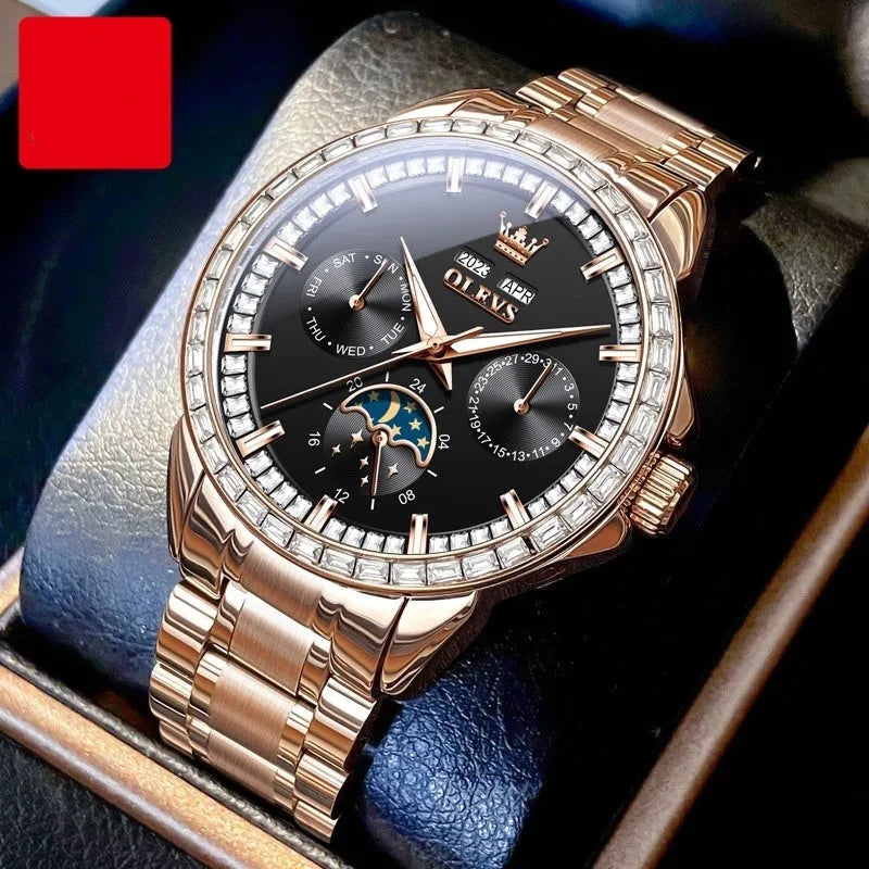 Men's automatic mechanical watch with diamond dial on a stainless steel bracelet, showing the transparent case back.