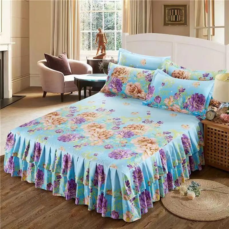 Bilateral pure cotton bed skirt set in blue with even drape on both sides of a Simmons bed