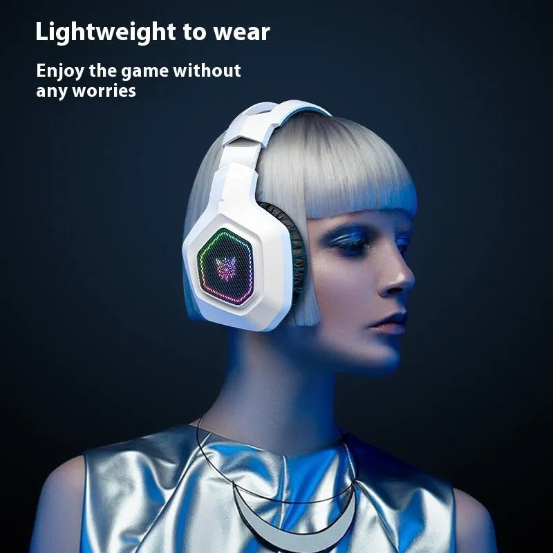 Black and white wireless gaming headset with RGB lighting on ear cups