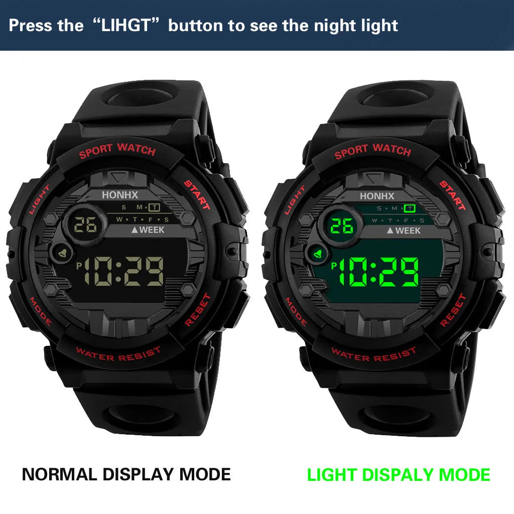 Digital watch with calendar alarm stopwatch LED display round resin case 43mm PU strap black blue red