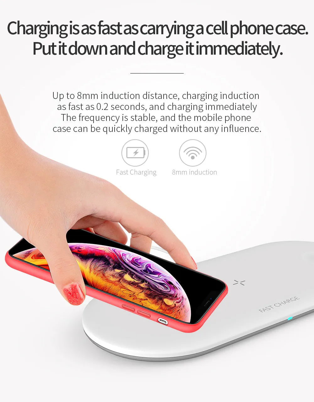 Black three-in-one wireless charging station for Apple Watch, iPhone, and headphones on a desk.