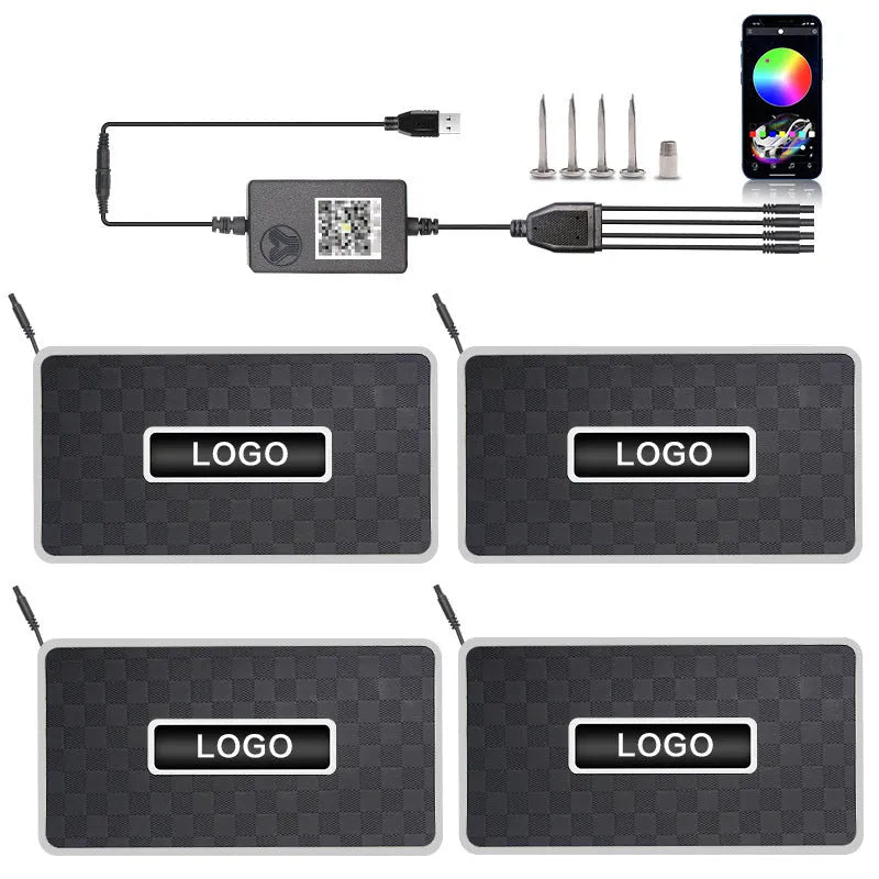 Car foot mat ambient light with Bluetooth RGB and acrylic leather panel showing plaid pattern