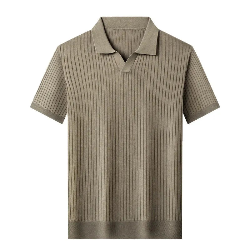 Man wearing a striped mulberry silk T-shirt with a lapel neckline and short sleeves.