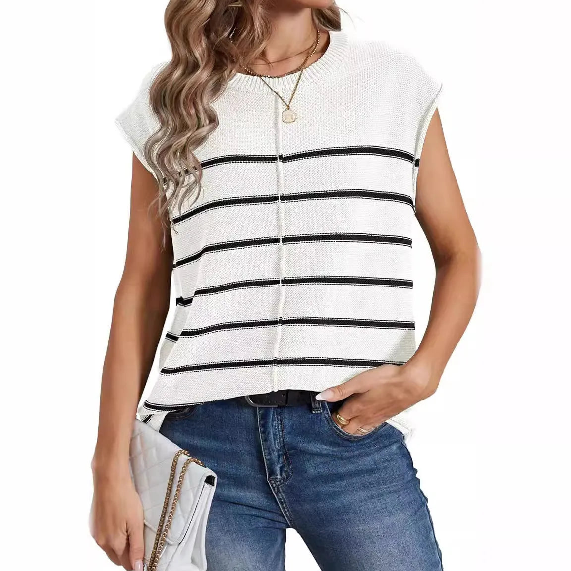 Women's striped sleeveless pullover vest top in apricot colour with bone stitching detail.