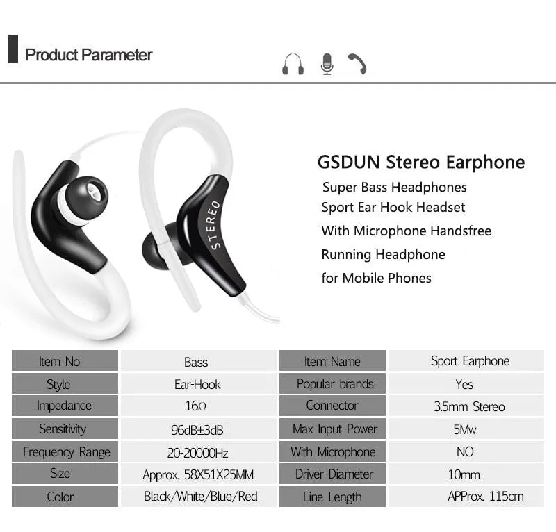 Wired earhook headphones with super bass for sport in five colour options