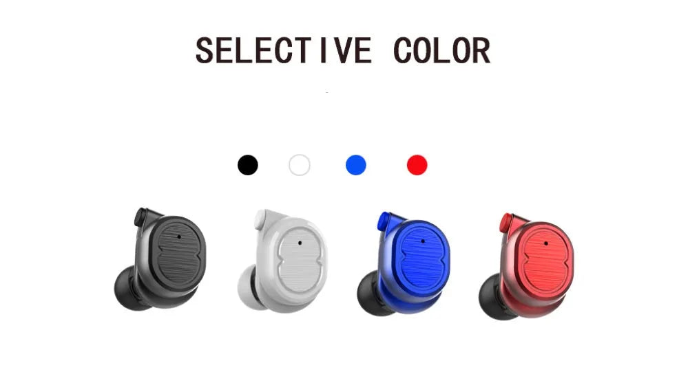 Touch control Bluetooth wireless headset with earbuds in black, white, red, or blue colours