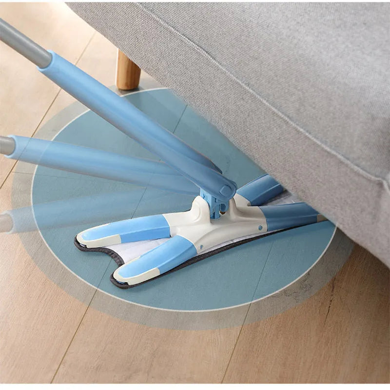 White hand-free flat mop with ABS head and metal pedal next to plastic basket
