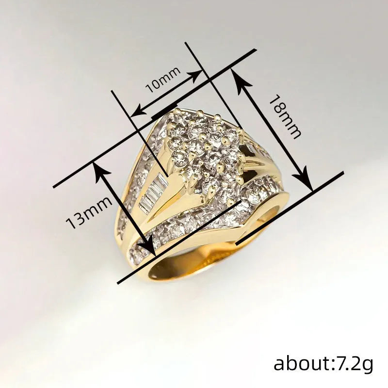 Geometric gold-coloured copper palace style ring on a plain background.