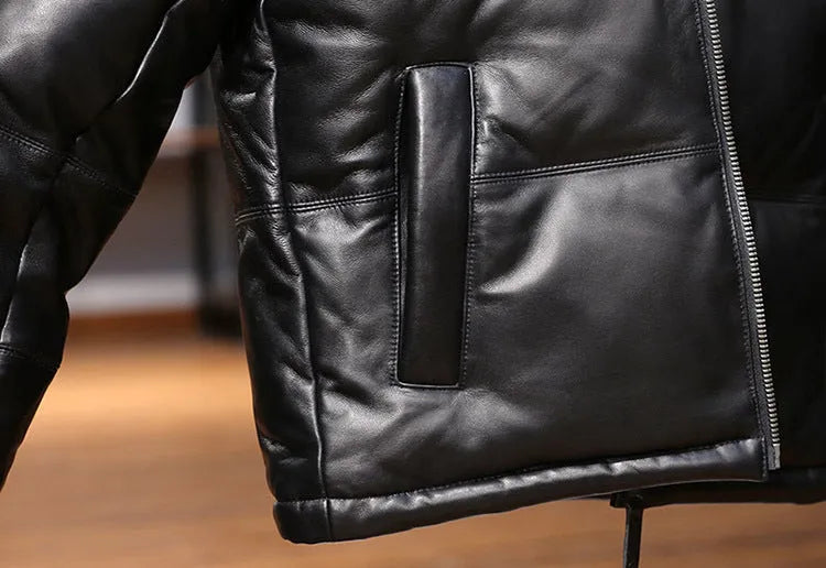 Men's black sheepskin down leather jacket with stand collar and pocket decoration
