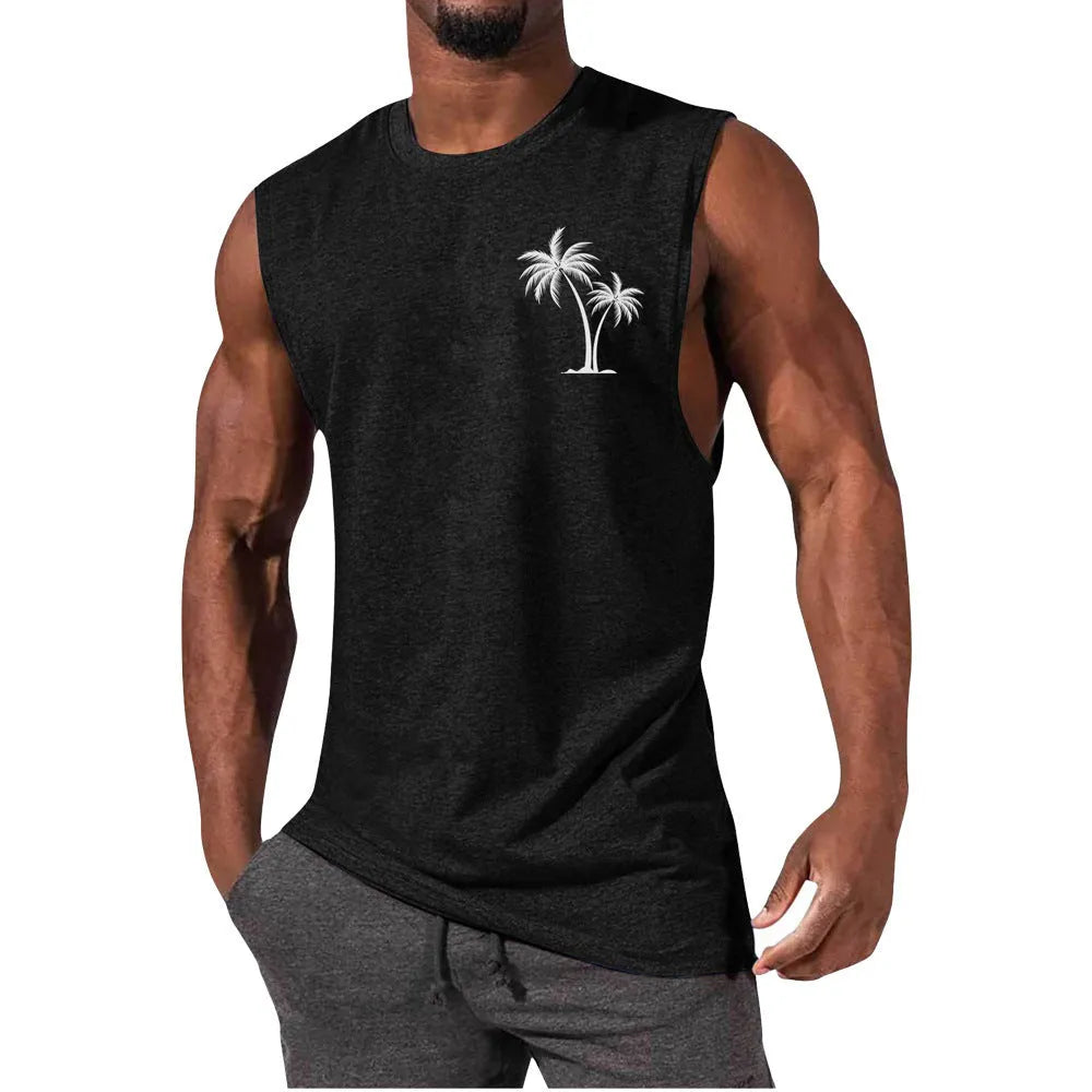 Mens sleeveless T-shirt, loose summer sports vest, polyester milk silk, digital print pattern, straight hem, hip hop style.