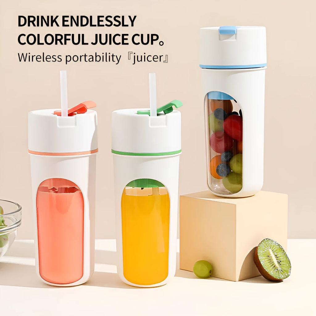 Portable USB charging blender juicer in blue, green, and orange colours with 400ml food-grade cup