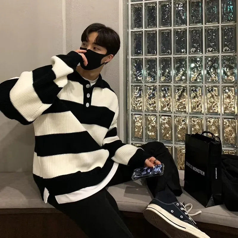 Men's loose fit striped sweater coat pullover in black or grey colour with long sleeves