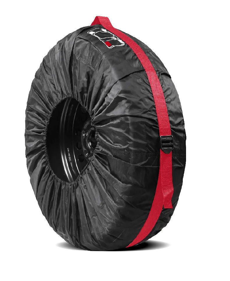 Set of four black Oxford cloth car tyre protective covers laid flat, showing their circular shape and durable fabric texture.