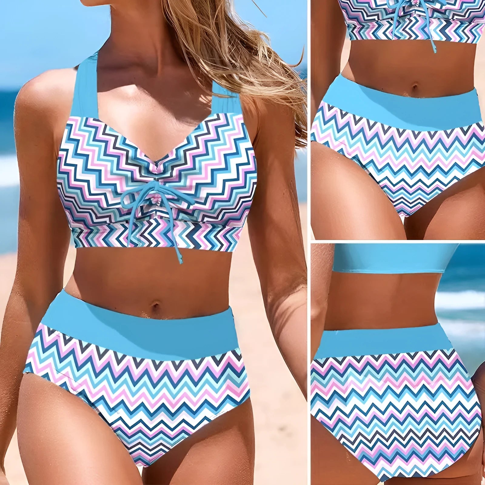 Women's solid colour cross sling split swimsuit bikini set in polyester fabric