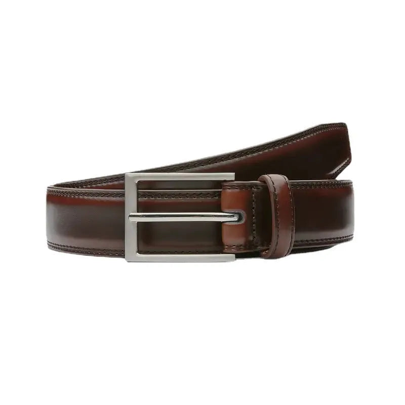 Men's brown genuine leather casual belt with alloy buckle on a plain background.