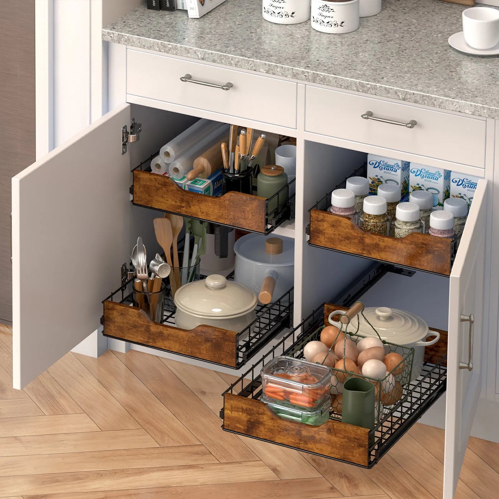 Black household storage rack with pull-out basket drawers made from wood and iron for kitchen organisation.
