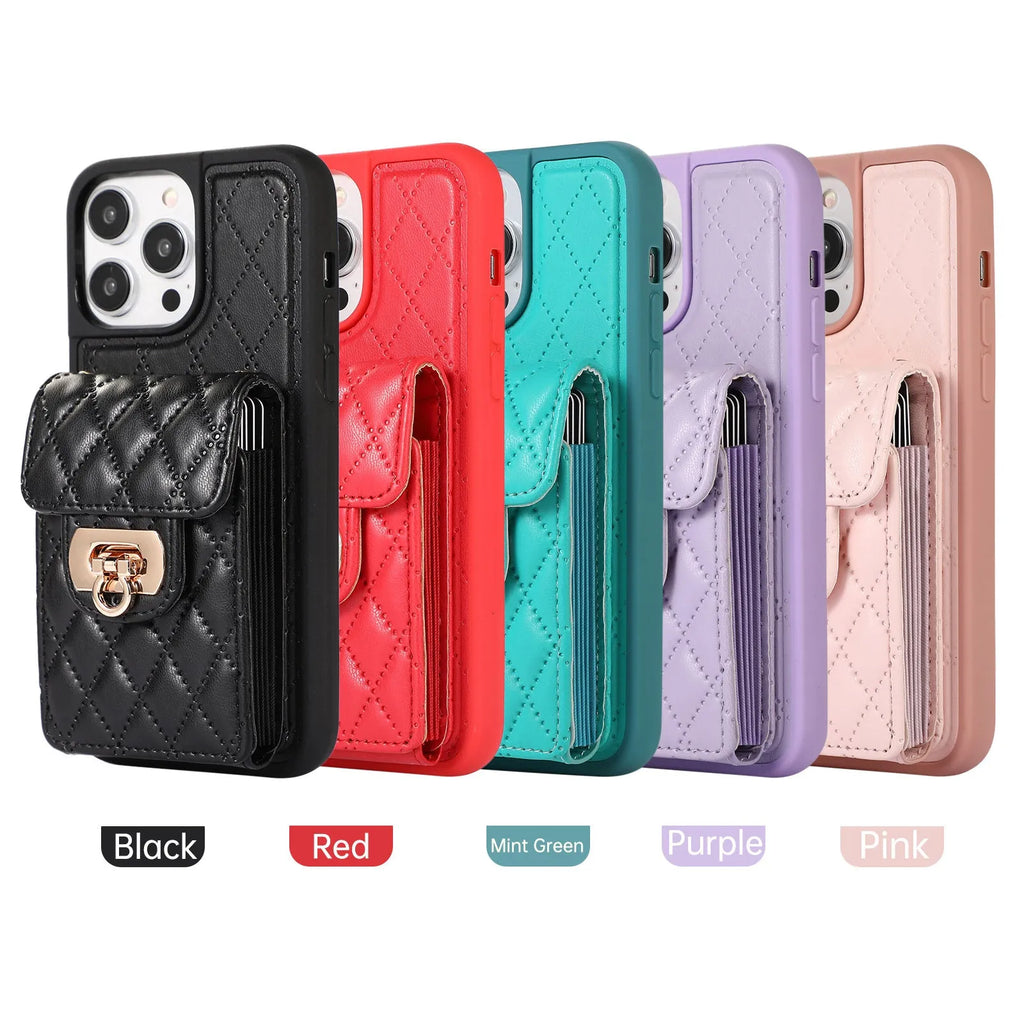 Back cover phone case with card holder and bracket in leather style for iPhone models