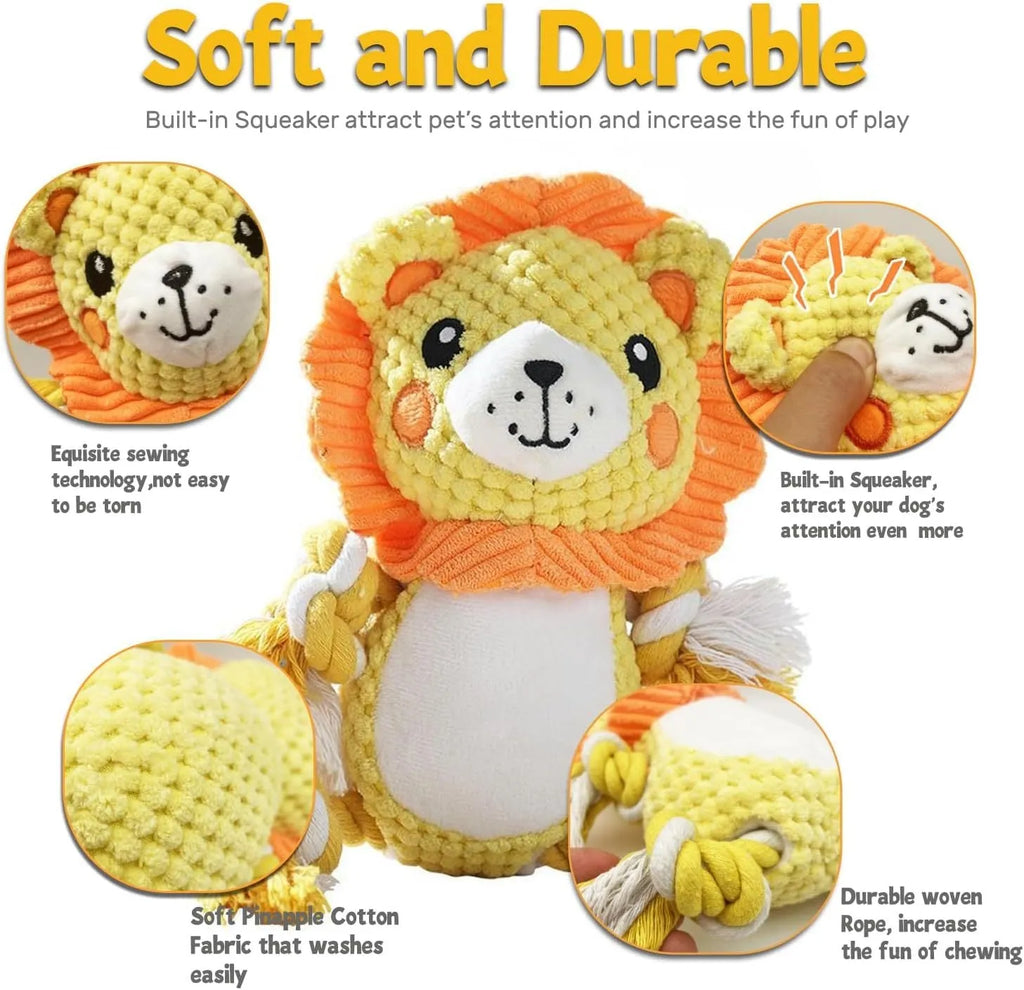 Lion and monkey plush dog toys with squeakers for medium and large breeds