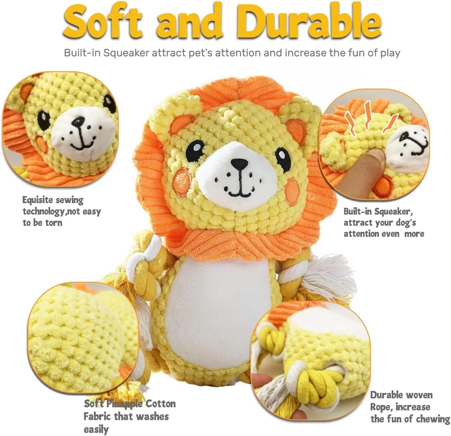 Lion and monkey plush dog toys with squeakers for medium and large breeds