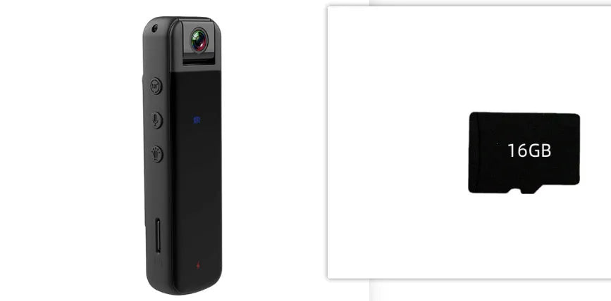 Black HD camera recorder with back clip and magnetic mount, including 16GB memory card