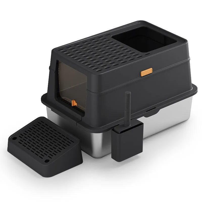 Grey enclosed cat litter box with pedal-operated entrance and dustbin-style ABS plastic construction.