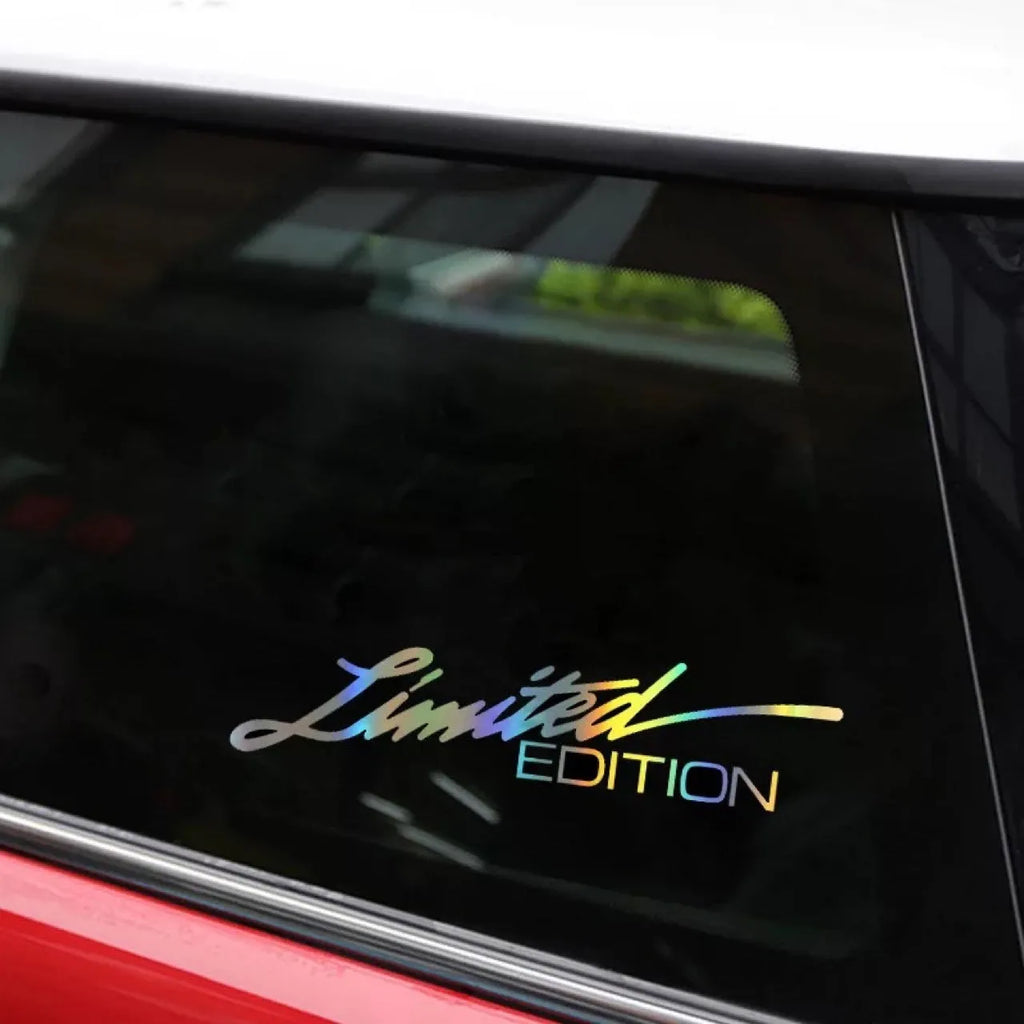 Limited edition laser reflective car sticker with black text design on PET material