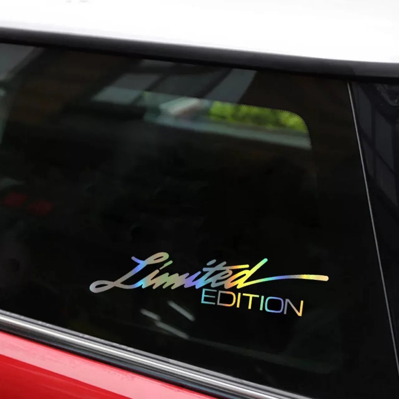Limited edition laser reflective car sticker with black text design on PET material