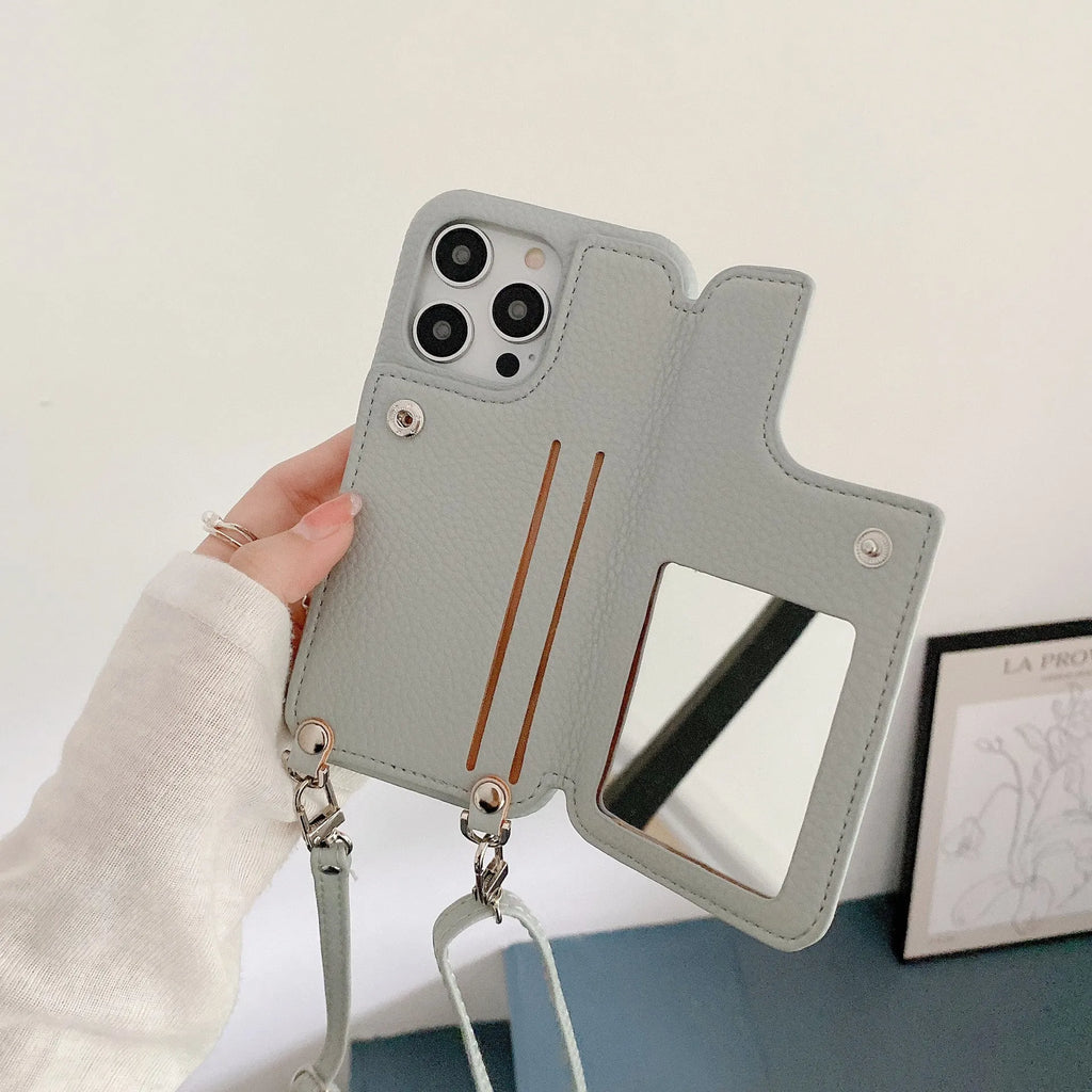Lychee pattern imitation leather two-fold phone case with card slots and mirror, crossbody strap, for iPhone