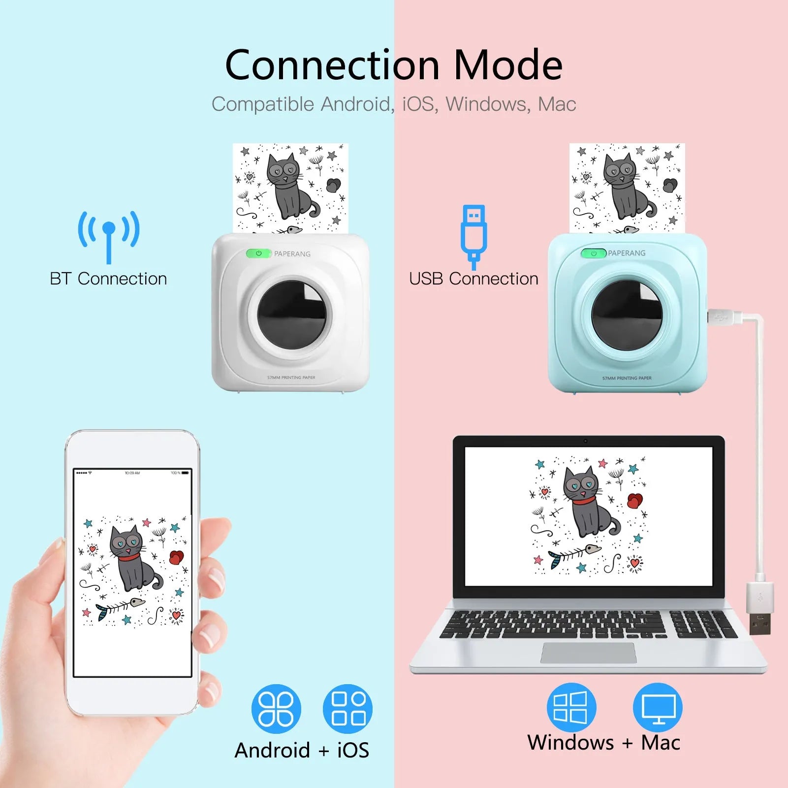 White pocket Bluetooth thermal label printer PAPERANG P2 on a table with smartphone app interface