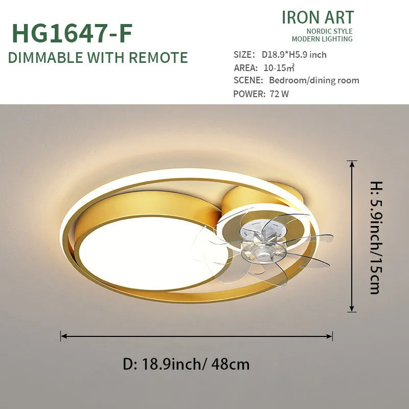 48cm Nordic style ceiling fan light with metal blades and acrylic lampshade in black or gold finish