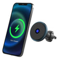 Silver aluminium alloy magnetic wireless car charger mounted on car air vent with phone attached