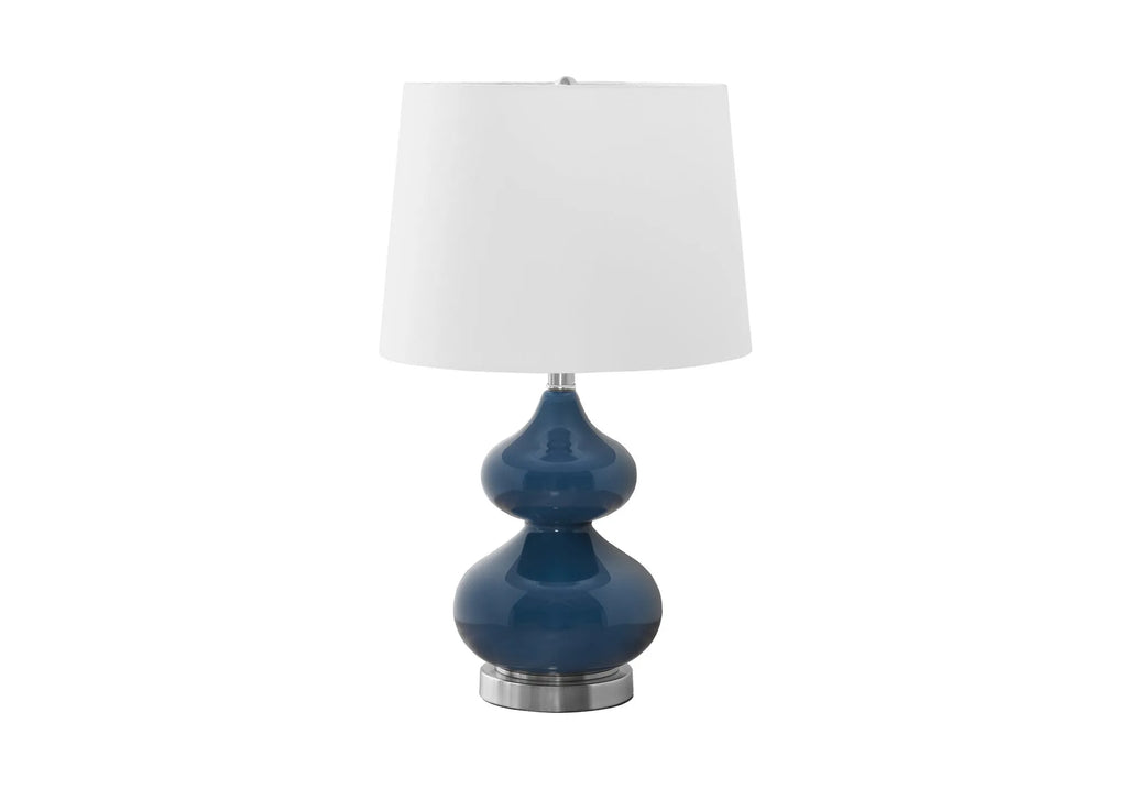 Blue crystal glass children's desk lamp with cloth shade on bedside table