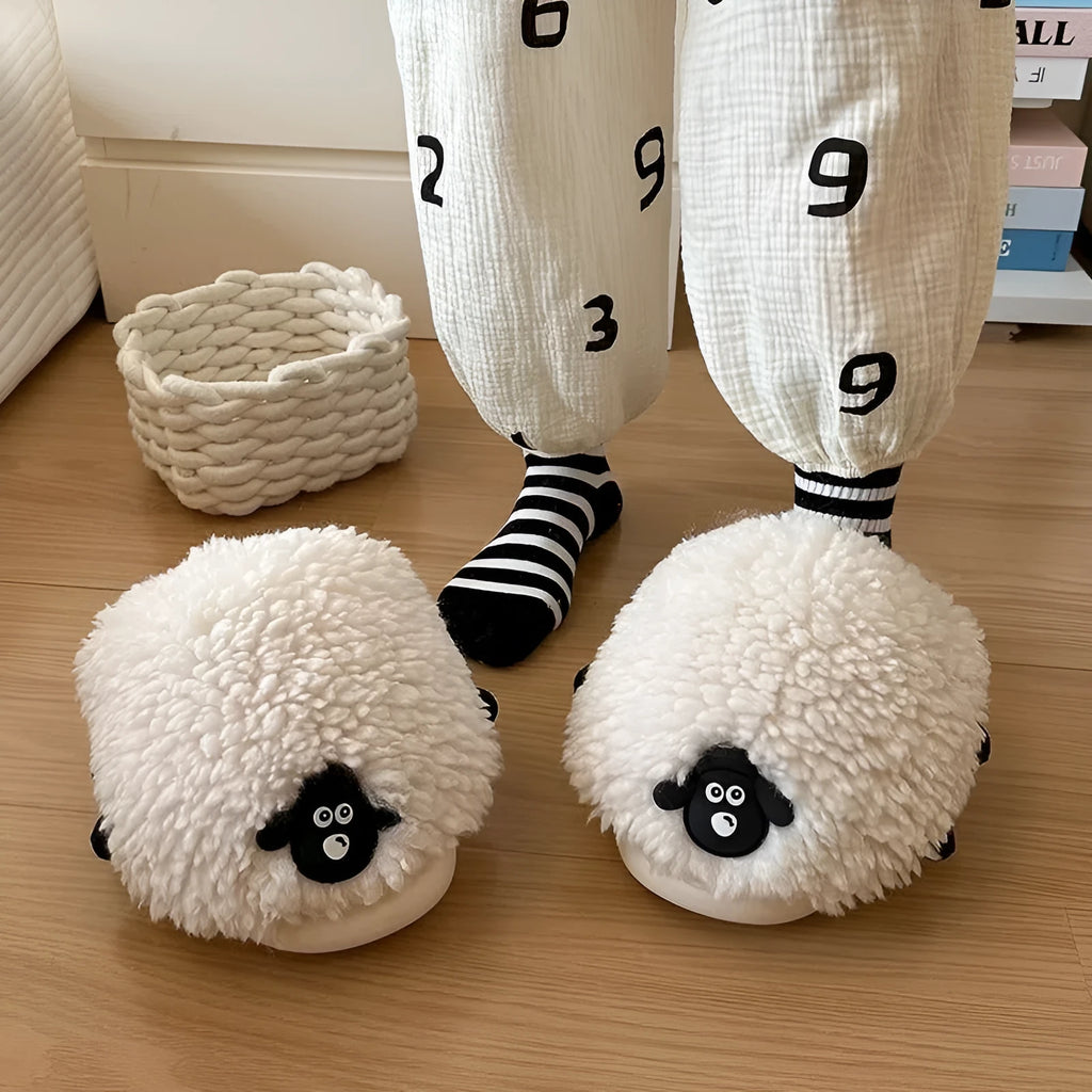 Women's winter cartoon sheepskin cotton slippers with wool lining and PVC non-slip outsole, black and white sheep design