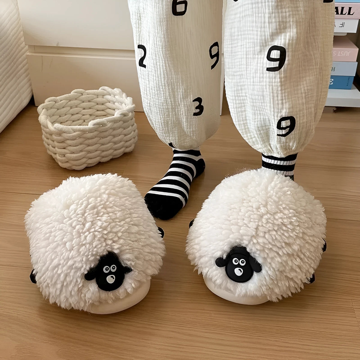 Women's winter cartoon sheepskin cotton slippers with wool lining and PVC non-slip outsole, black and white sheep design
