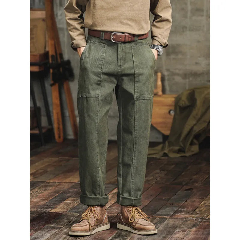 Men's retro cargo trousers in Army Green, cotton bevel cloth, loose straight leg, mid waist, sizes 28 to 38