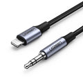 Black Apple Lightning to 3.5mm audio cable with shiny silk braid for car use
