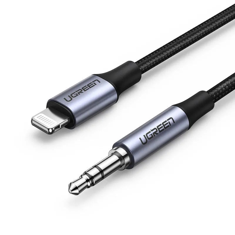 Black Apple Lightning to 3.5mm audio cable with shiny silk braid for car use