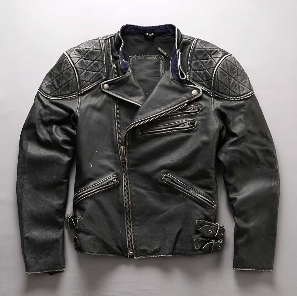 Men's distressed stand collar cropped slim leather jacket in black top layer cowhide seen from front