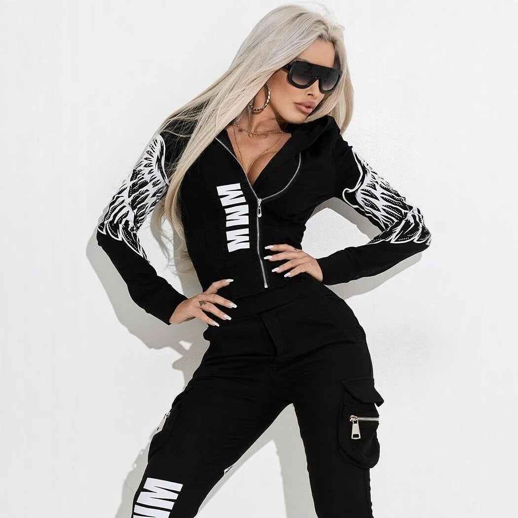 Black women's zip-up hooded tracksuit set with a printed pattern, shown as a two-piece outfit.