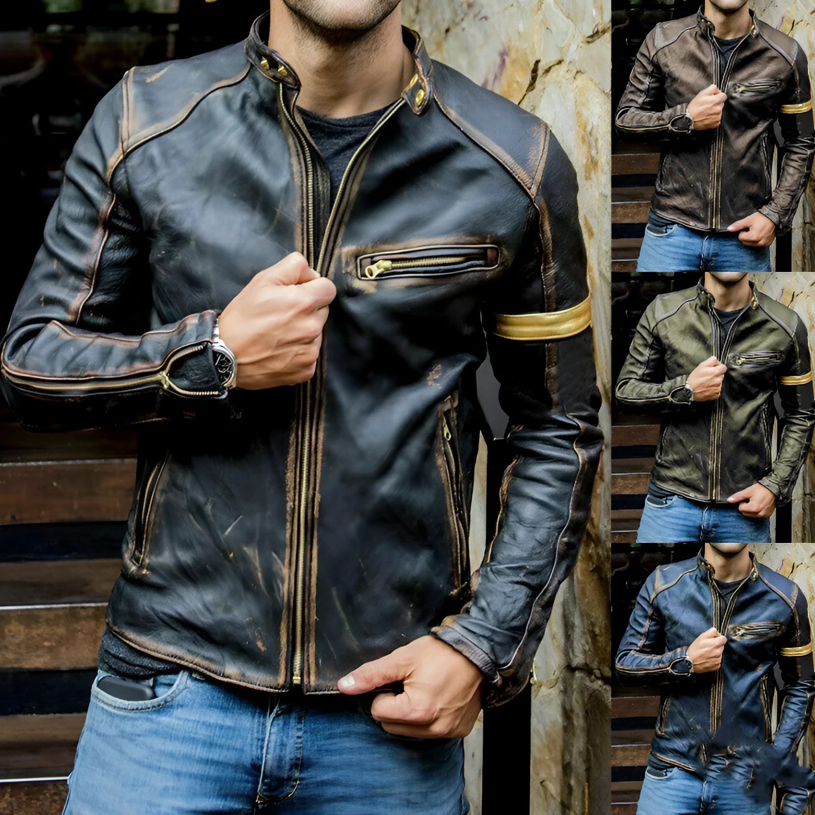 Men's punk motorcycle leather jacket with zipper front and stand collar in black artificial leather