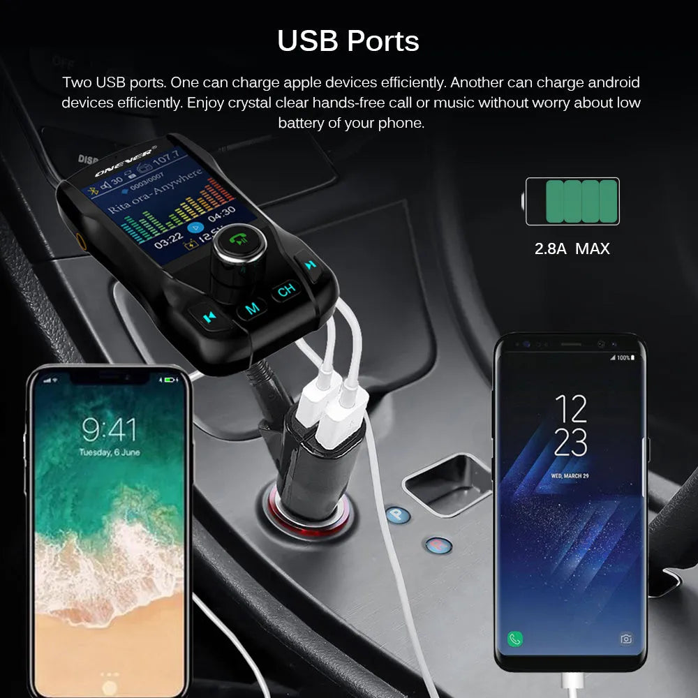 Black car FM transmitter with colour screen and dual USB ports plugged into a car dashboard