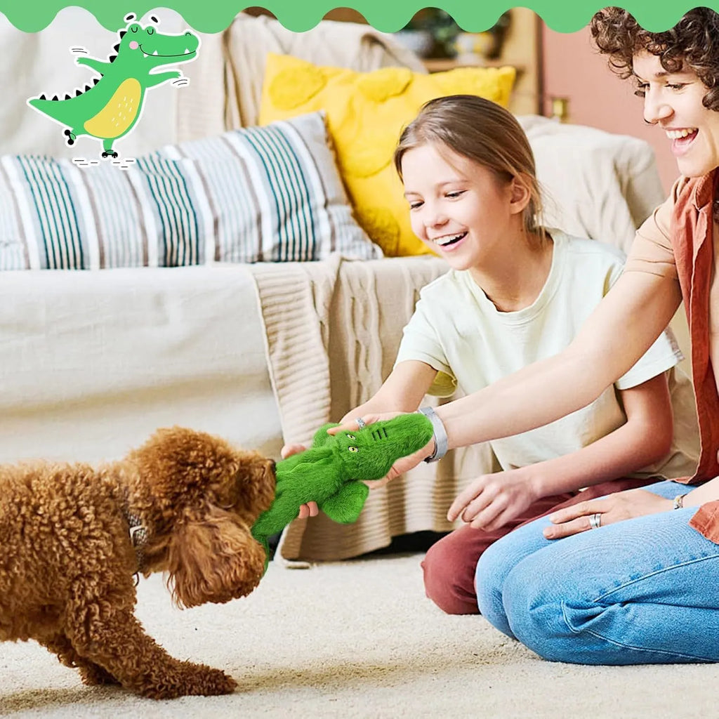 Green crocodile plush dog toy with squeaker and crinkle paper tail for aggressive chewers