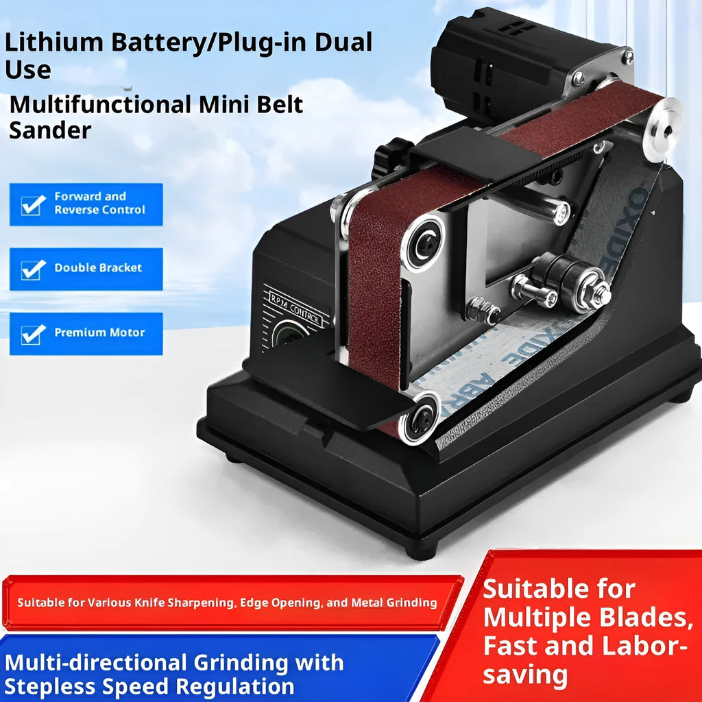 Small miniature desktop electric belt sander with variable speed, adjustable grinding bracket, and 10 abrasive belt, 110V US plug