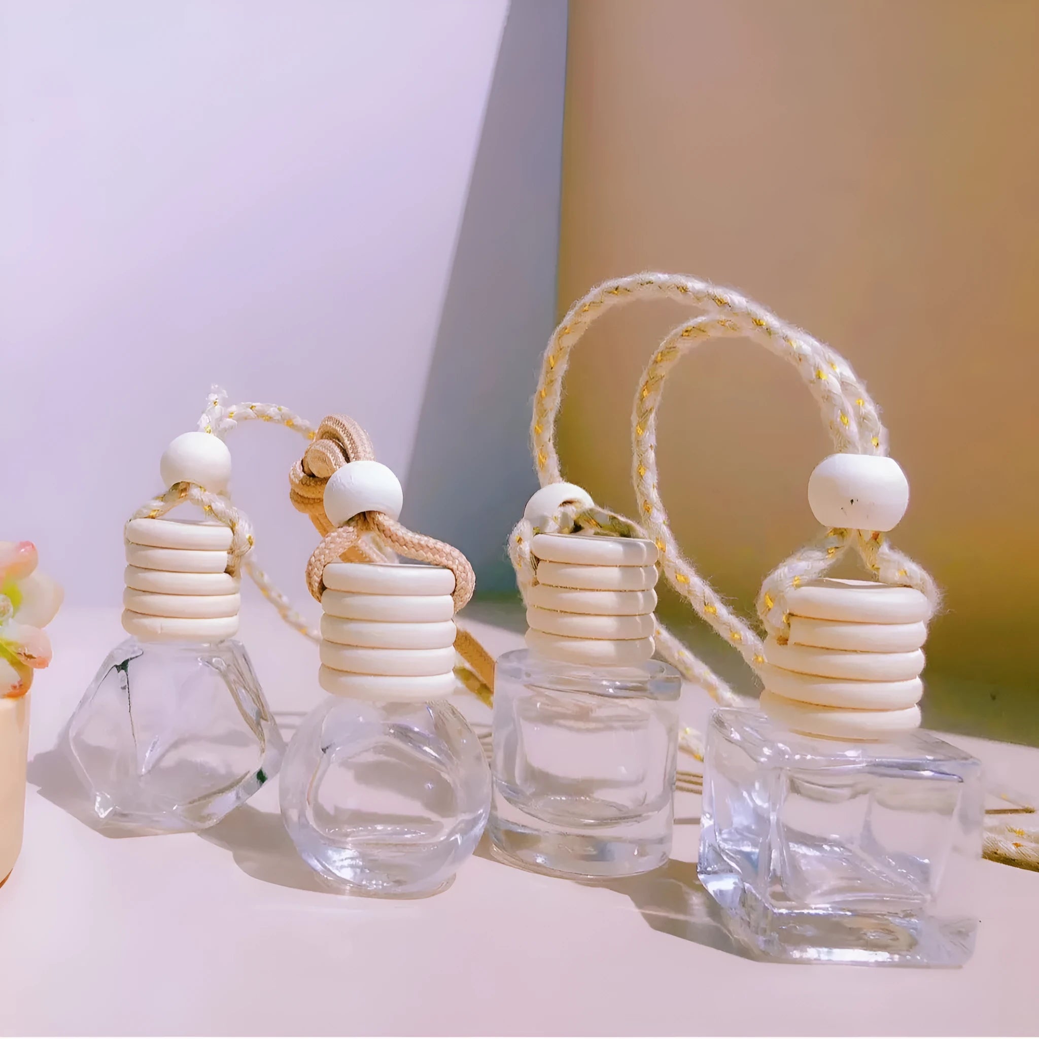 Glass car perfume pendant fragrance bottle in cylinder, diamond, flat drum, and square shapes