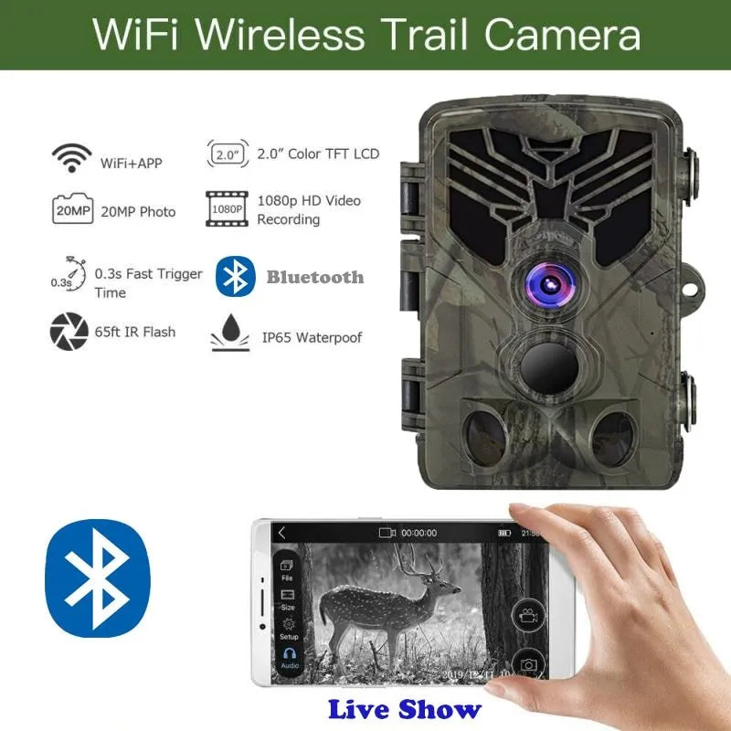 Wifi830 model Wi-Fi enabled trail camera with camouflage finish on a tree branch